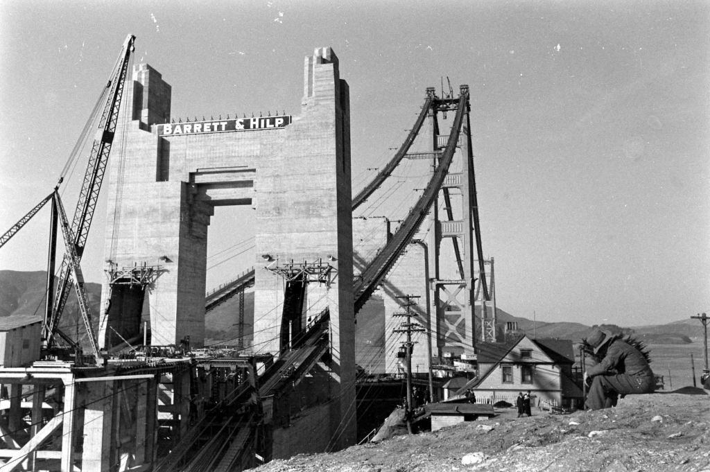 #44 Scene of the Golden Gate Bridge during its construction in San Francisco, 1940.