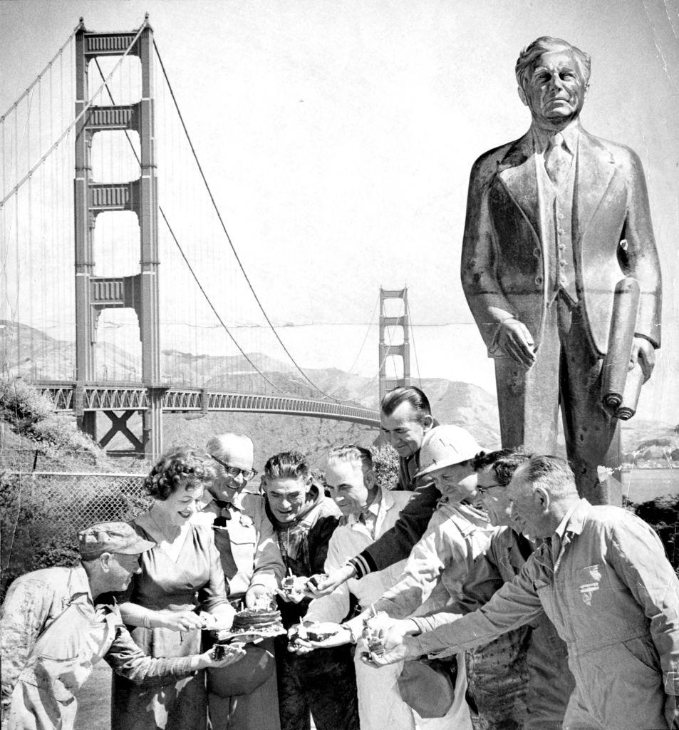 #49 Golden Gate Bridge employees since before construction enjoy some birthday cake. May 25, 1961.