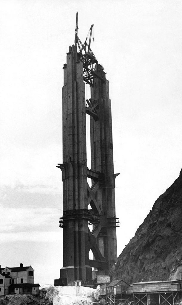 #13 View of the Marin Tower of the Golden Gate Bridge under construction at a current height of 520 feet.