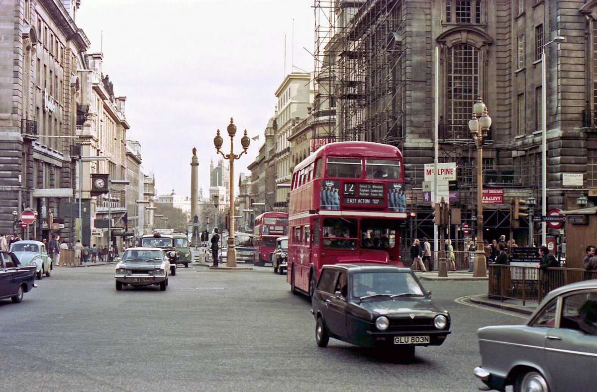 #6 AEC Routemasters vie with other traffic at the junction of Lower Regent Street and Piccadilly Circus on 19th April 1975.