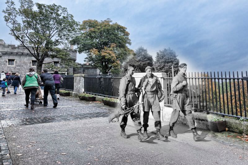 Parachute troops, bare-headed and wearing ‘jump jackets’, in Norwich during exercises in Eastern Command, 1941 and 2012