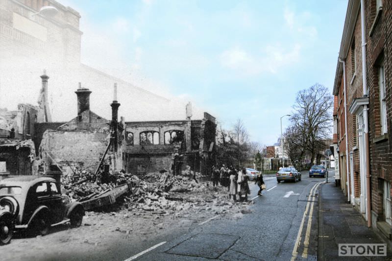St Mary’s Baptist Chapel on the corner of St Mary’s Plain/Duke Street, 1942 and 2011