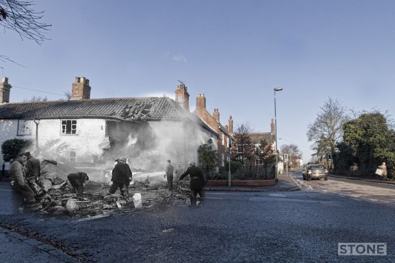 Catton at the corner of Church Street and Spixworth Road, 1945 and 2011