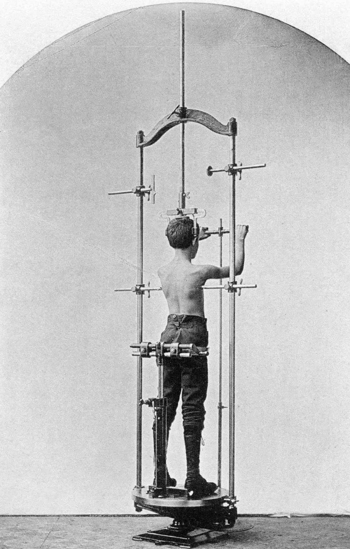 Step into the trunk-measuring apparatus and map the contours of your torso and the bends of your spine.