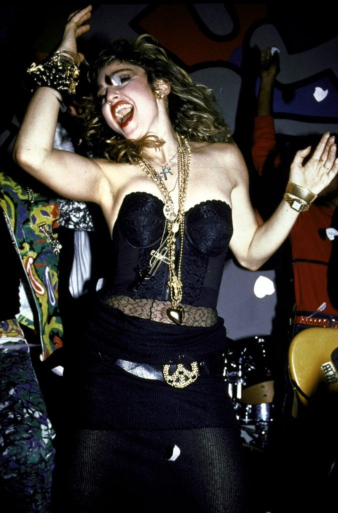 #36 Madonna performing on the stage, 1985.