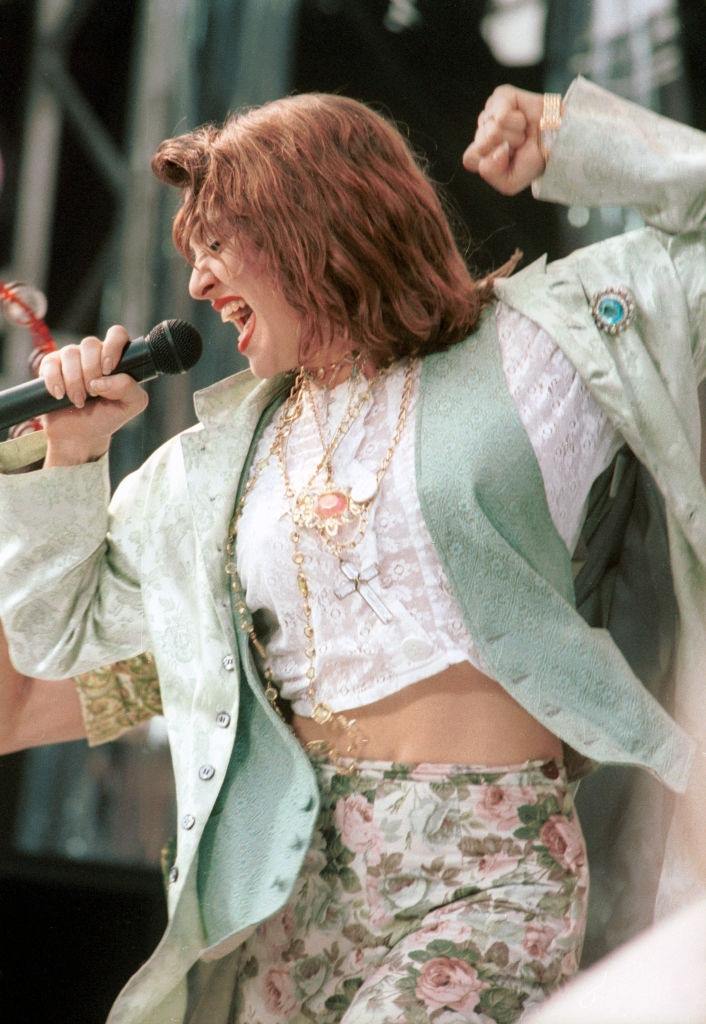 #60 Madonna performs for a sold out crowd at the Live Aid concert at JFK Stadium in Philadelphia, 1985.