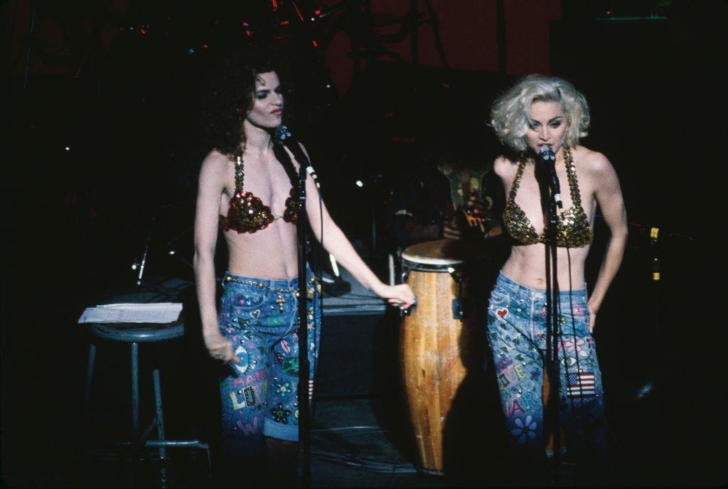 #8 Madonna with actress Sandra Bernhard, 1989.