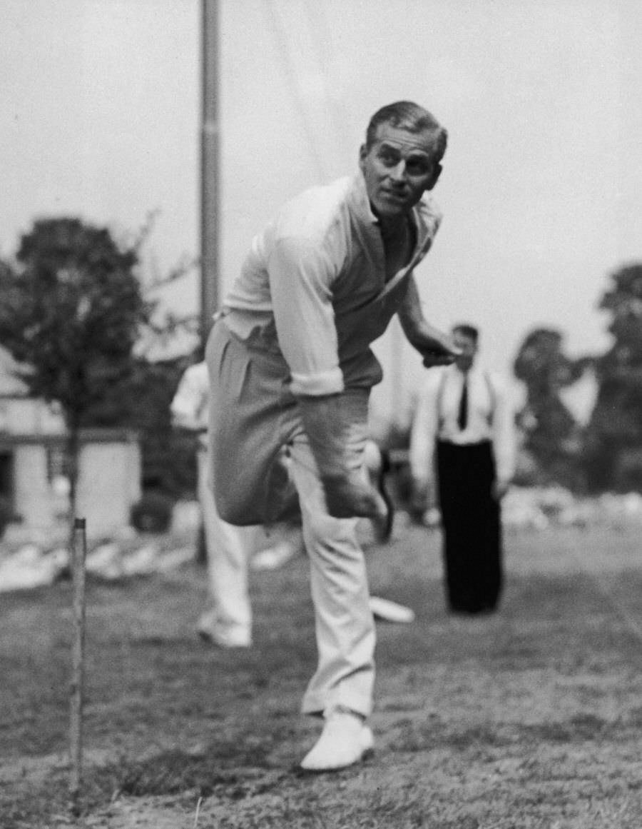 #51 Prince Philip takes in cricket practice at the Petty Officer’s Training Centre at Corsham, Wiltshire, 1947.