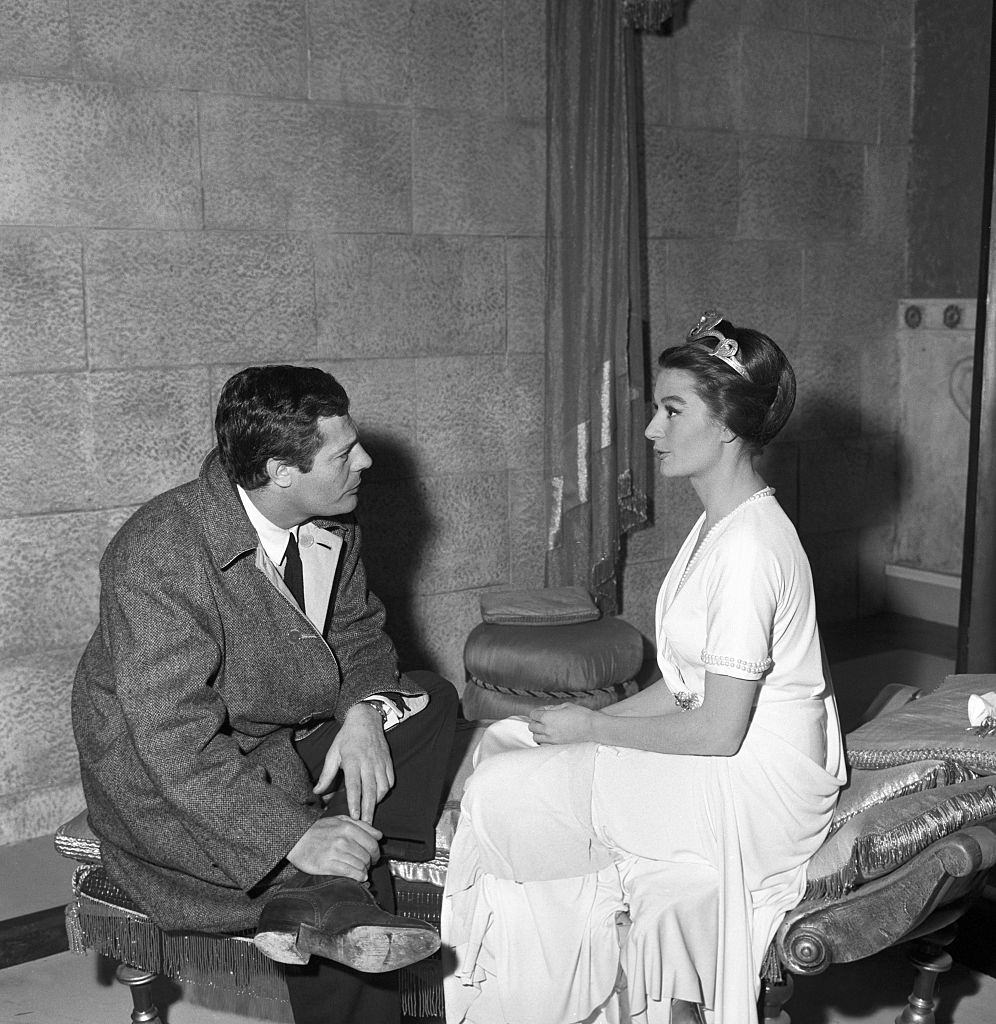 #55 Anouk Aimée with Marcello Mastroianni on the set of the film Sodom and Gomorrah, 1956.