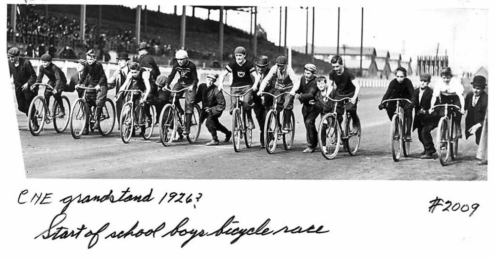 Start of first heat of schoolboys’ bicycle race, CNE Grandstand, 1926