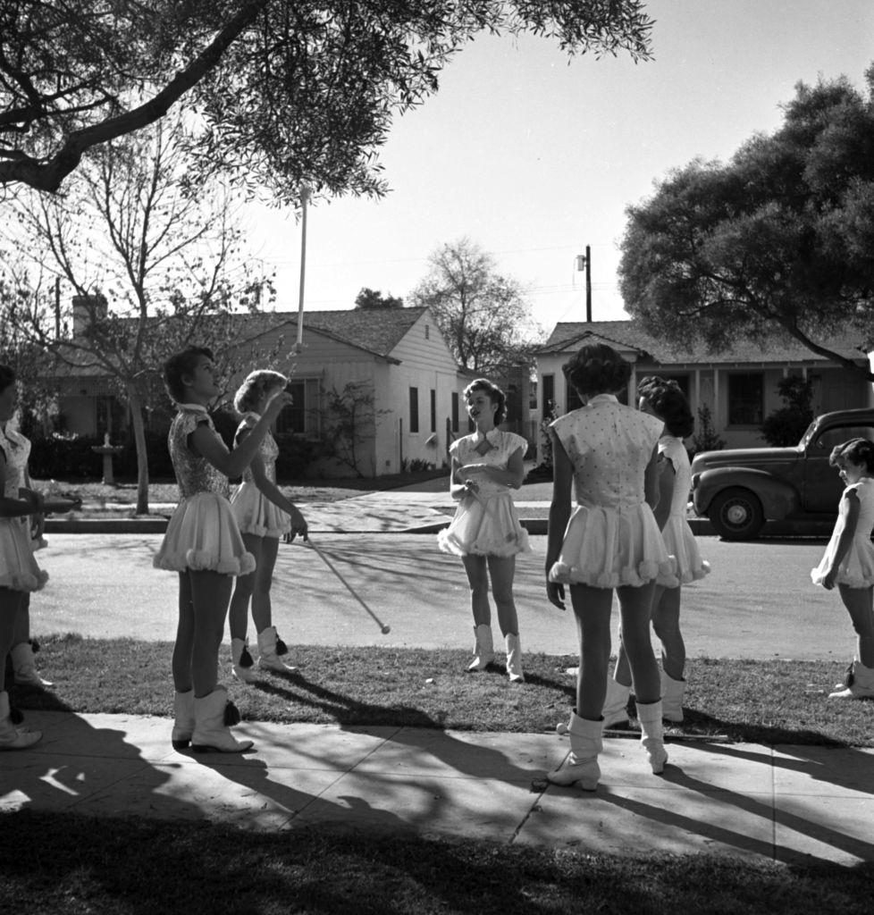 #29 Debbie Reynolds with the Burbank Majorettes at John Burroughs High School, 1948.