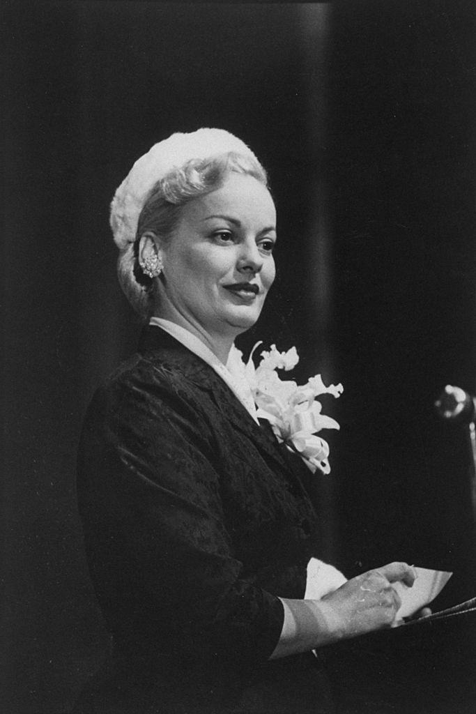 #27 Faye Emerson, speaking into microphone about the merits of Dwight D. Eisenhower, during time of his campaign, 1952.