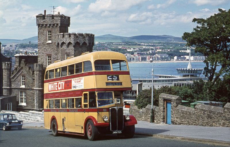 #27 With the bay and Sea Terminal beyond, Douglas Corpn. Regent No.61 (1948) climbs the hill to Douglas Head, 28 June 1971