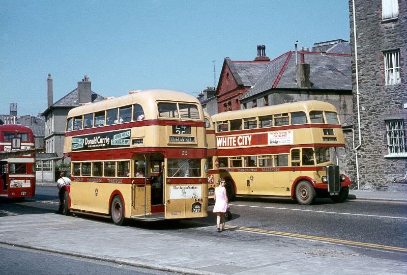 #3 A busy scene at Douglas Bus Station with three Corpn. Regents and a Road Services Leyland, 5 August 1970