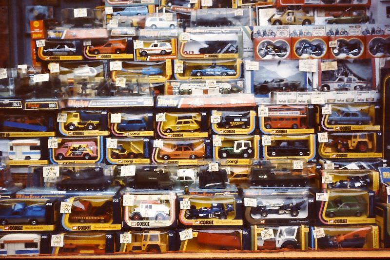 #10 Window display of Corgi Toys and Dinky Toys.
