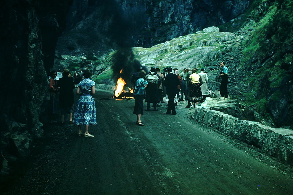 #14 Motorcycle Burns on Mt Rd to Voringfoss Falls, Norway, 1954