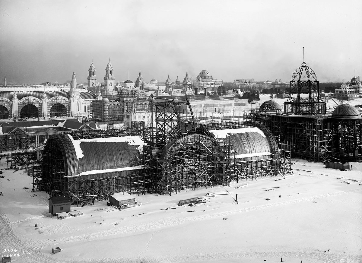 #20 A bird’s-eye view of construction taking place on some of the 1904 World’s Fair buildings on January 24, 1904