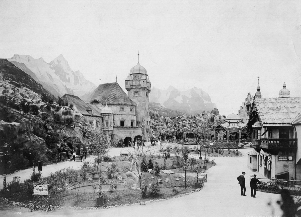 #33 Huge mock-ups of mountains and hills surround the buildings of the Pike’s Tyrolean Alps concession.