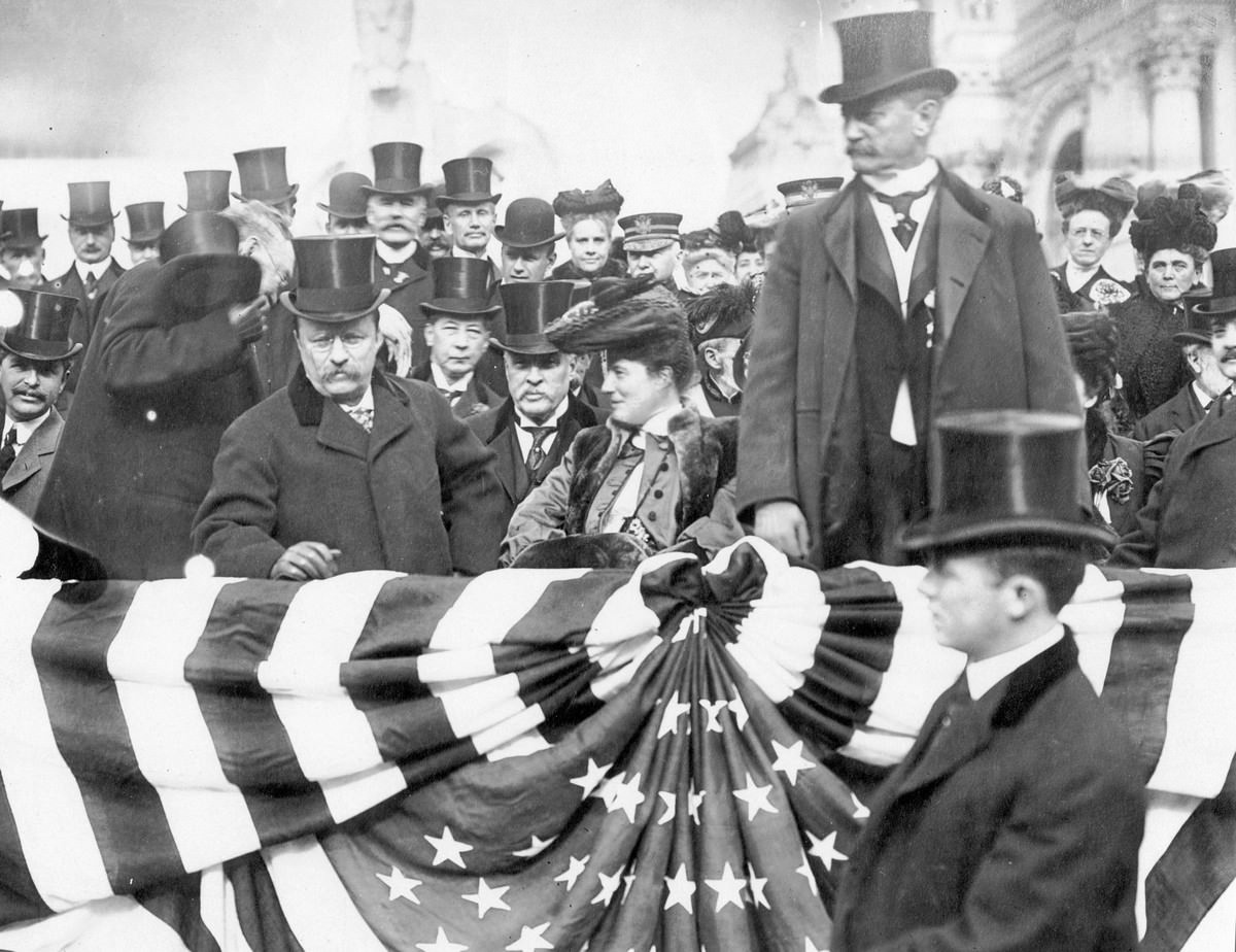 #40 President and Mrs. Roosevelt, and David R. Francis, photographed in the reviewing stand on Roosevelt Day, November 26, 1904