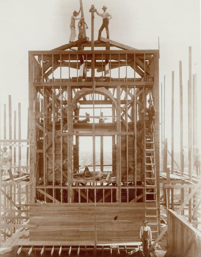 #42 Carpenters at work on the Palace of Varied Industries during construction for the 1904 World’s Fair, 1902