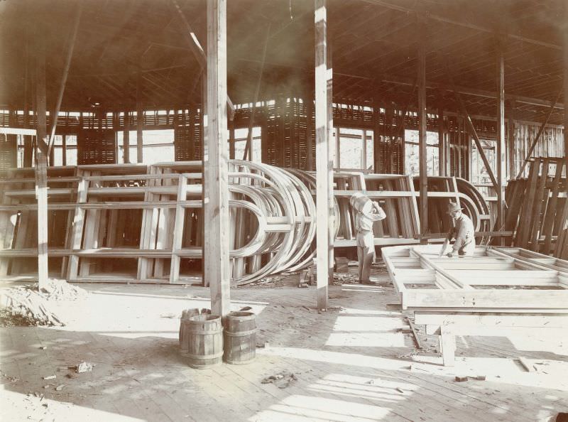 #45 Workers making window sashes for the Palace of Varied Industries during the construction phase for the 1904 World’s Fair, 1902-03