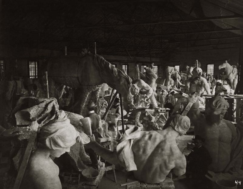 #47 The enlarging studio for sculpture created for the 1904 World’s Fair in Erie Roundhouse, Weehawken, New Jersey, 1903