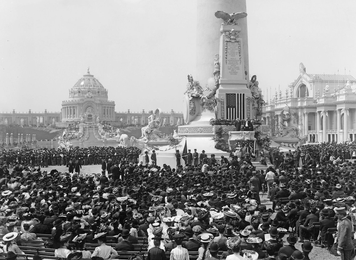 #6 On April 30, 1904—the opening day of the 1904 St. Louis World’s Fair—William H. Thompson, the president of the National Bank of Commerce in St. Louis, stands on the dais at the Louisiana Monument in the Plaza of St. Louis.