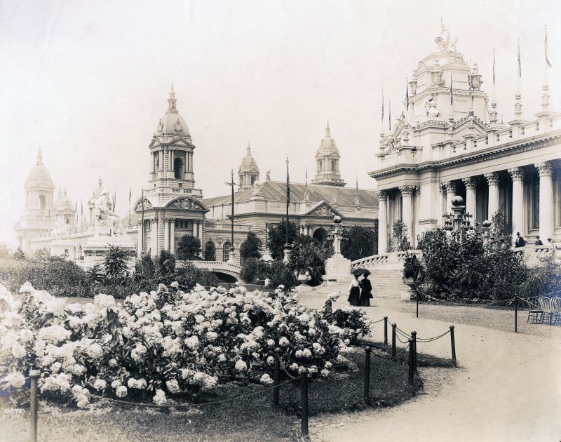 #64 View looking across the Palace of Electricity grounds toward the Palace of Machinery at the 1904 World’s Fair, 1904