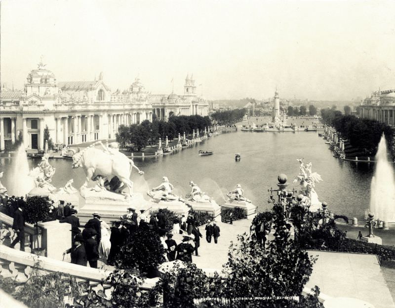 #65 View looking north over the Grand Basin towards the Peace Monument (Louisiana Purchase Monument) at the 1904 World’s Fair, 1904