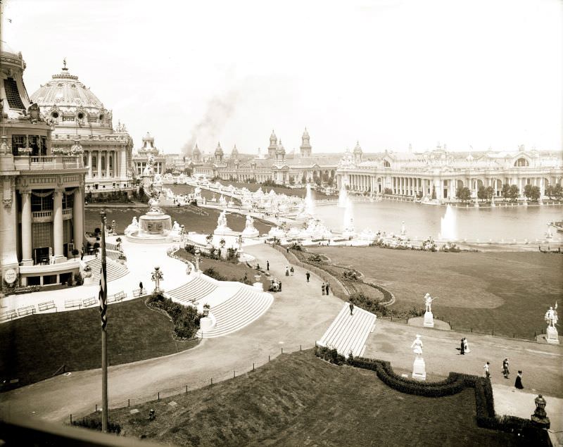 #66 View west from balcony of German Pavilion. East Restaurant Pavilion and Festival Hall, left, Electricity at right, 1904