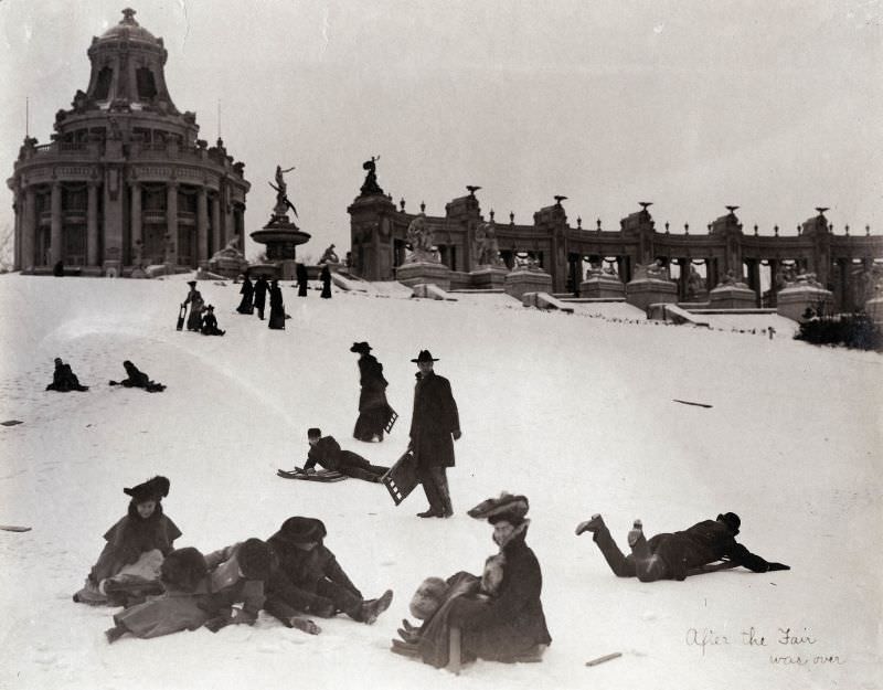 #68 St. Louisans sledding down Art Hill after the 1904 World’s Fair was over. The East Restaurant Pavilion and Colonnade of States are still visible in the background, 1904-05