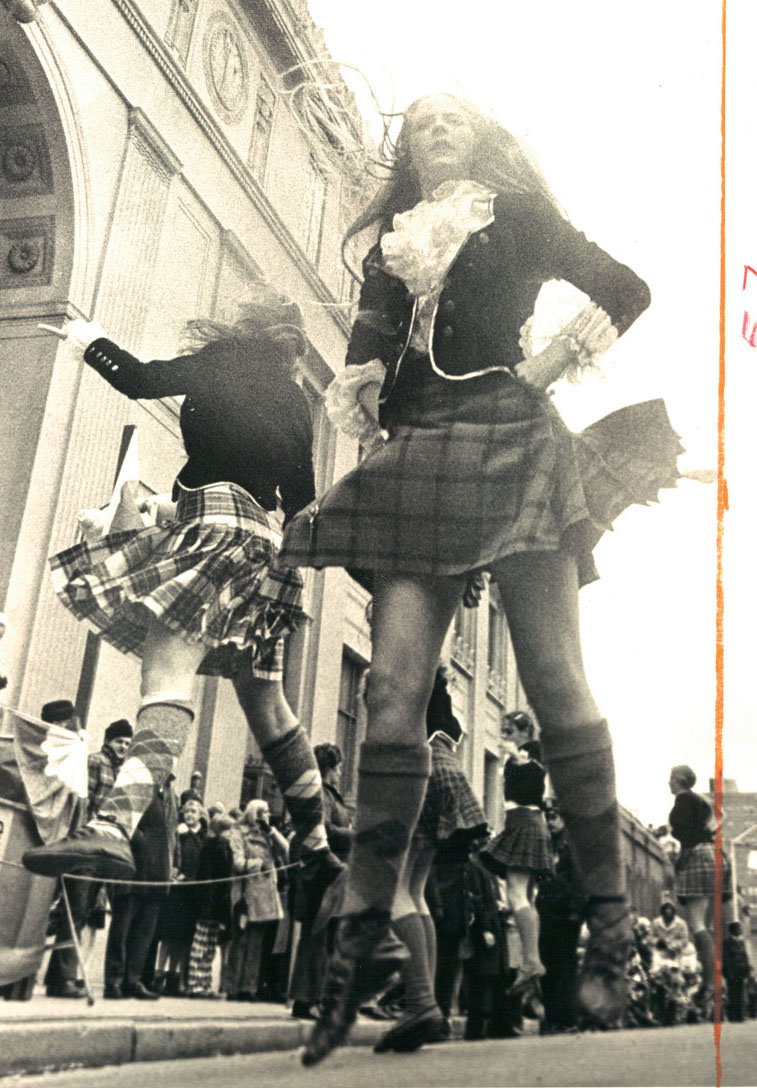 #2 and comely lasses dance a jig in front of the Pratt. March 1973. (The Baltimore Sun)