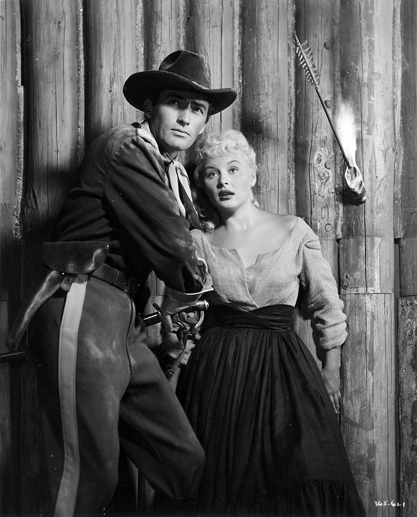 Barbara Payton with actor Gregory Peck in the movie ‘Only the Valiant’, 1950.
