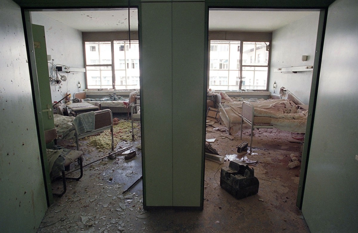 Bloodstains cover the wreckage of patients’ rooms at Sarajevo’s Kosevo Hospital on June 16, 1995, after a shell slammed into it killing two and injuring six.
