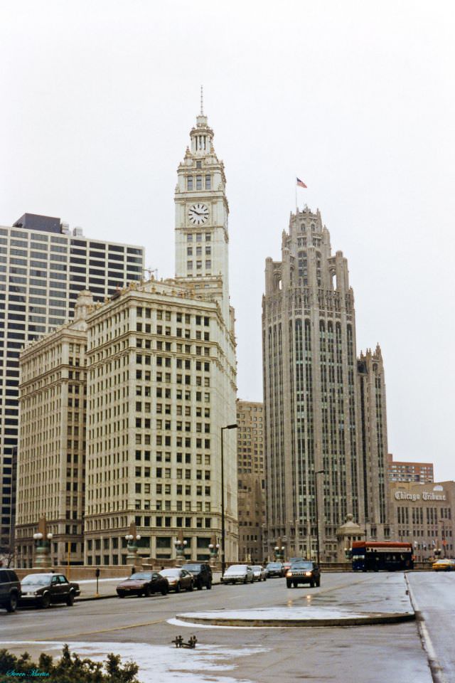 #36 Wrigley Building and Tribune Tower, landmark skyscrapers anchoring the north bank of the Chicago River at Michigan Avenue, taken from Wacker Drive, February 1996