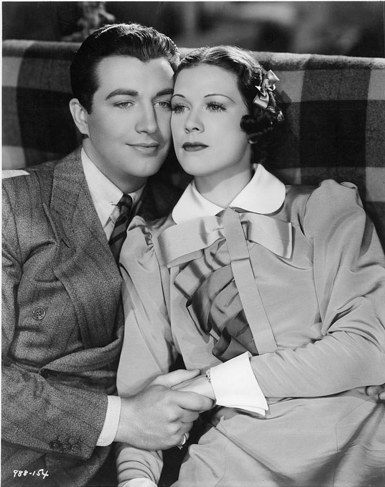 #43 Eleanor Powell and Robert Taylor hold eachother in a scene from the film ‘Broadway Melody Of 1936’.