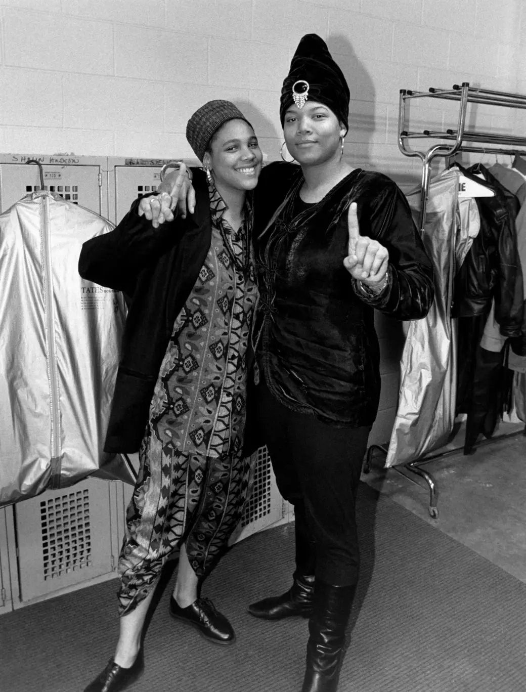 #11 Rappers Queen Latifah and Monie Love pose backstage at the Genesis Convention Center in Gary, Indiana, in February 1990.