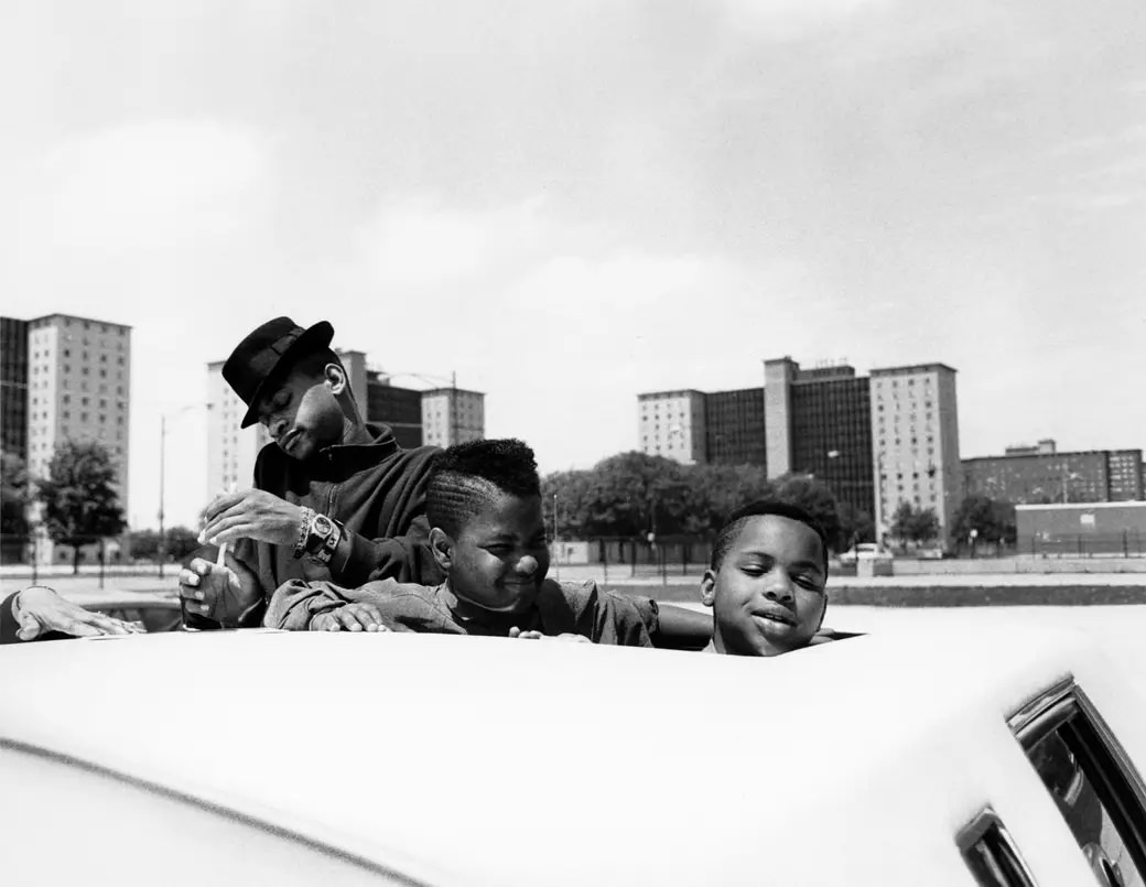 #2 Khiry, Tajh, and Bilal of the Boys pose for photos after arriving at Beasley Elementary School in Chicago in May 1989.
