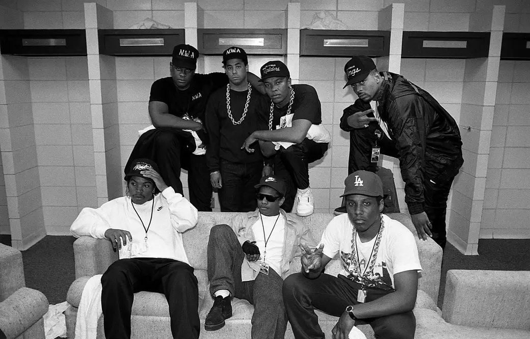 #5 Ice Cube, Eazy-E, and MC Ren (front row) and Laylaw, DJ Yella, Dr. Dre, and the D.O.C. (rear).