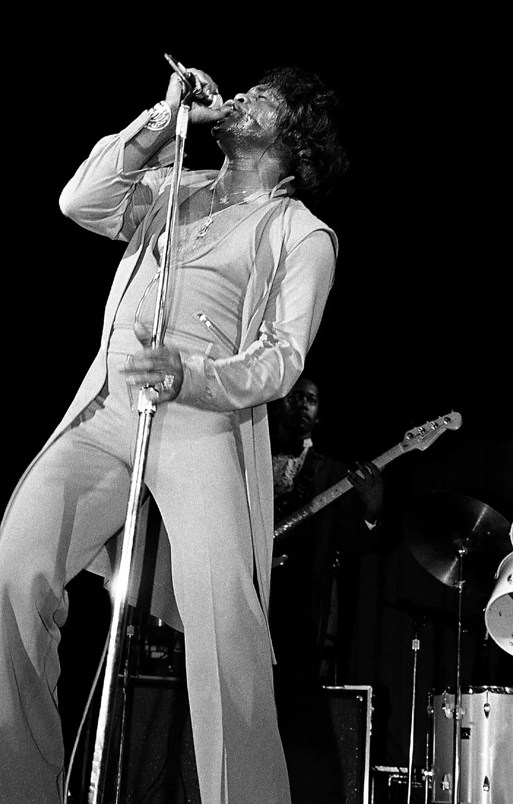 #8 James Brown performs at the Bismarck Theatre in Chicago in January 1985.