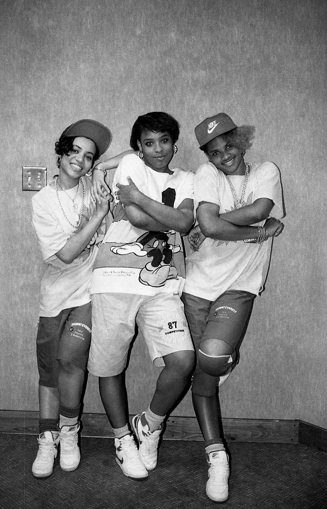 #9 Salt, DJ Spinderella, and Pepa from Salt-N-Pepa pose for photos backstage at the Holiday Star Theatre in Merrillville, Indiana, in June 1987.