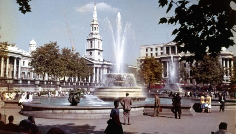 #29 The church of St Martin-in-the-Fields, London. Trafalgar Square fountains in the foreground