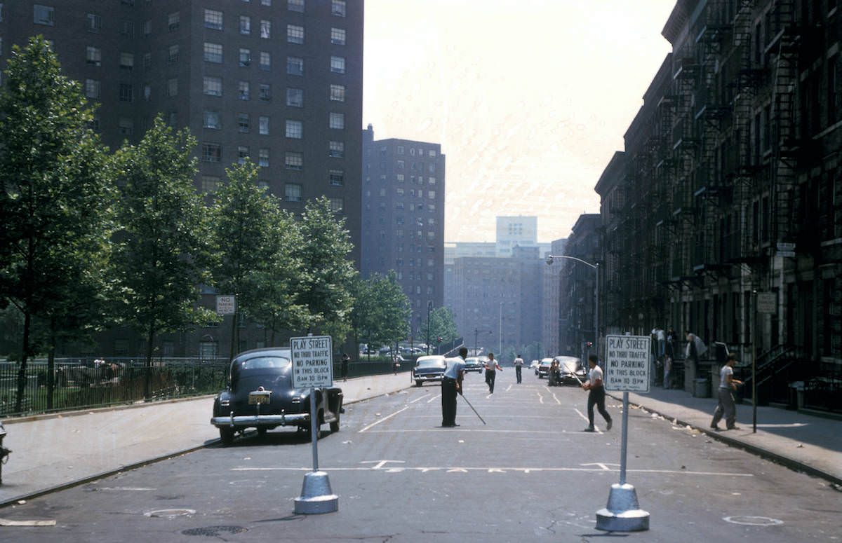 #6 New York, Manhattan, designated children’s play street with residential buildings – 1956