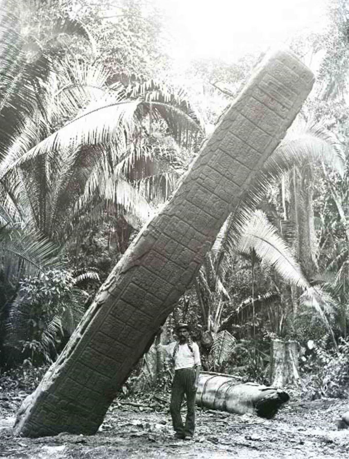 #21 Quiriguá, a man standing with his right hand resting on Stela E, east side. 1894.