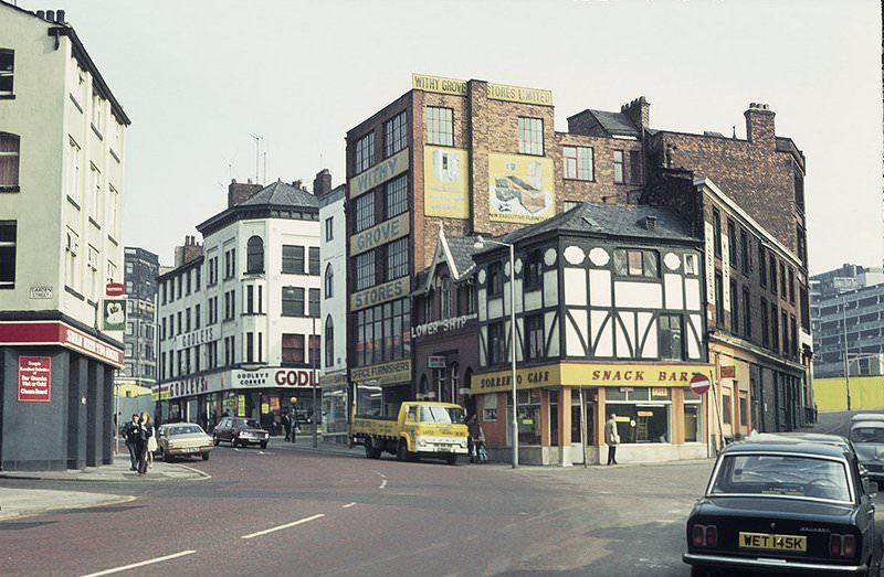 #26 Swan with Two Necks (left), Withy Grove, Manchester, looking towards Shude Hill, around 1972.