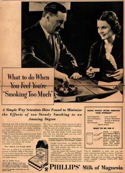 Ad for a milk of magnesia that promotes it as a cure for “feeling like you’re smoking too much.”