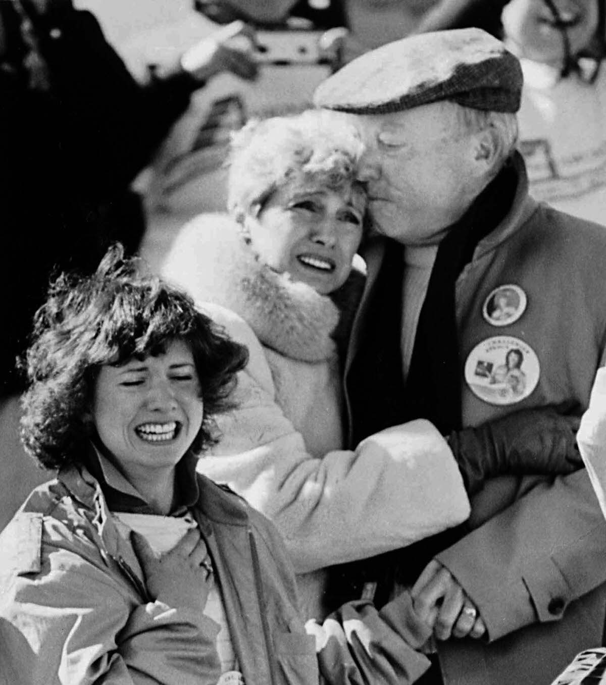 #16 Christa McAuliffe’s sister Betsy and parents Ed and Grace Corrigan react in anguish to the explosion of the shuttle.