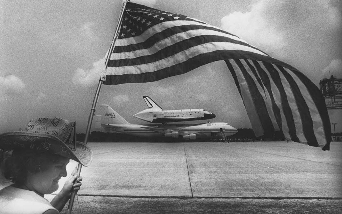 #4 The Space Shuttle Challenger arrives at Kennedy Space Center aboard a Boeing 747. July 5, 1982.