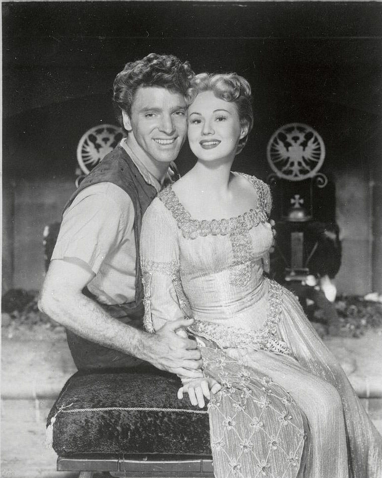 #21 Virginia Mayo with Burt Lancaster in a publicity photo for ‘The Flame and the Arrow’, 1950.