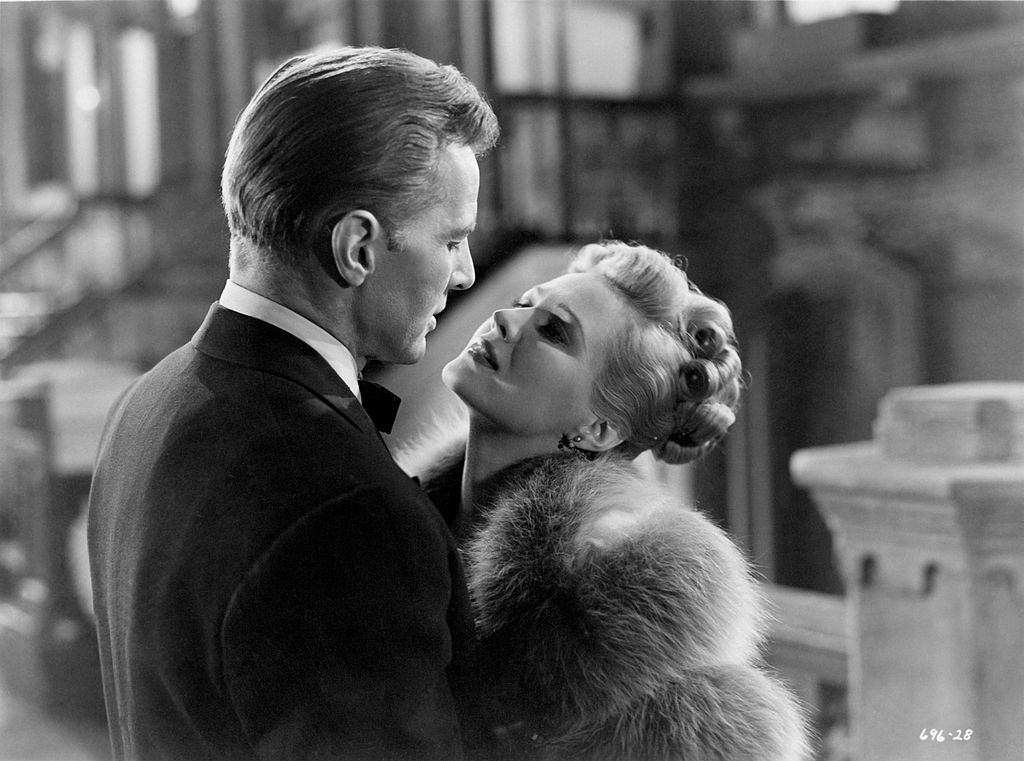 #23 Virginia Mayo and Bruce Bennett embracing and looking intently into each other’s eyes in a scene from the movie ”Smart Girls Don’t Talk’, 1948.